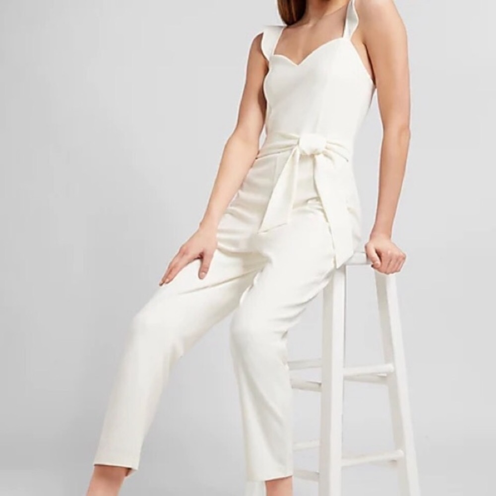 Belted ruffle strap sweetheart jumpsuit